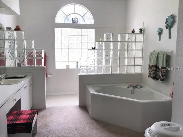 a bathroom with a tub a sink and a window