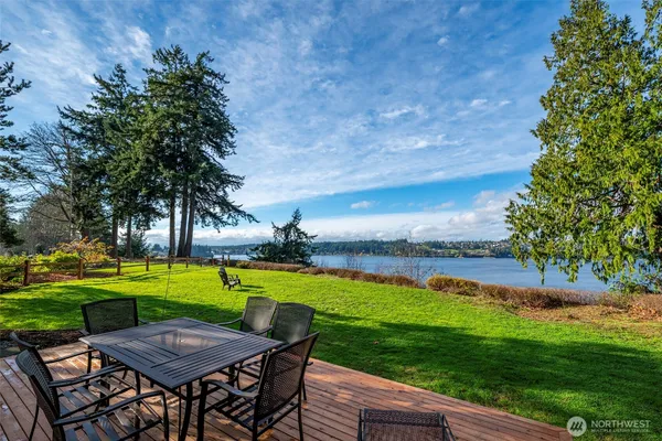 a view of a chairs and table on the garden