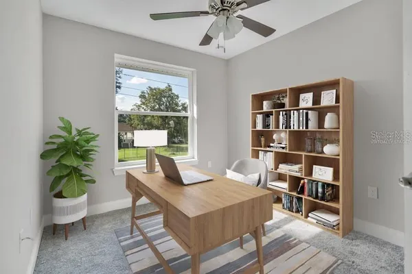 a living room with furniture and a potted plant