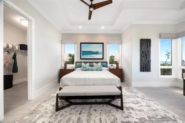 a bed room with a bed and a view of bathroom