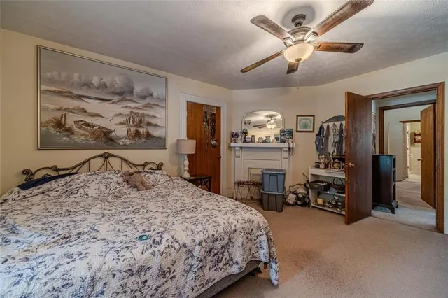 a bedroom with bed and a closet