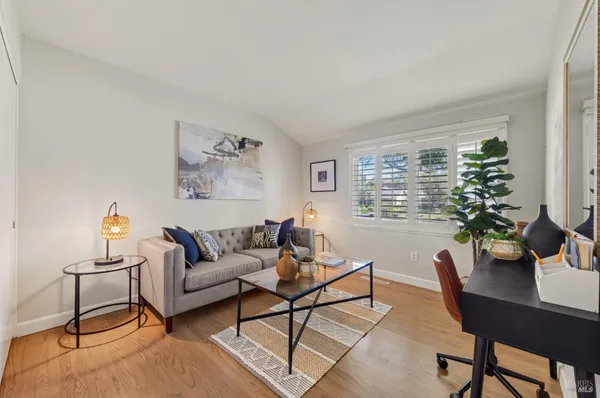 a living room with furniture and a potted plant