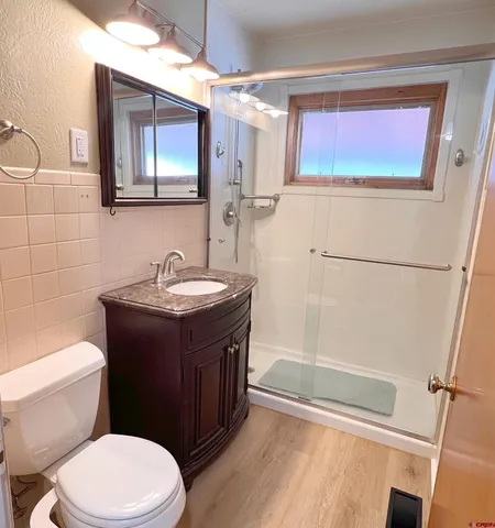 a bathroom with a sink a toilet a mirror and vanity