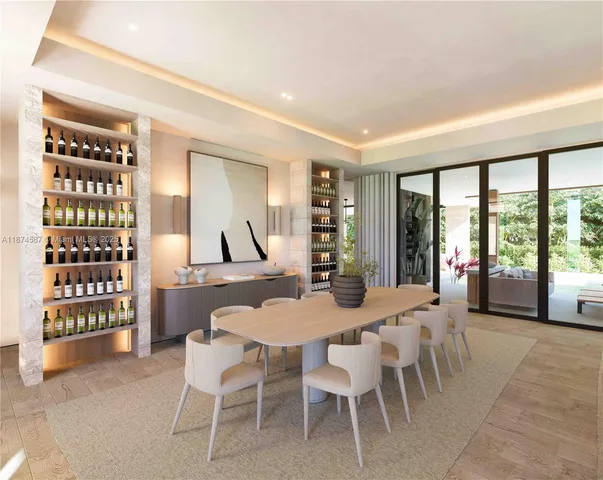 a view of a dining room with furniture and window