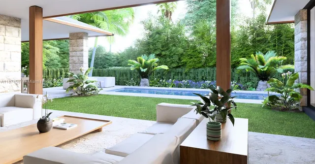 a view of a garden with patio