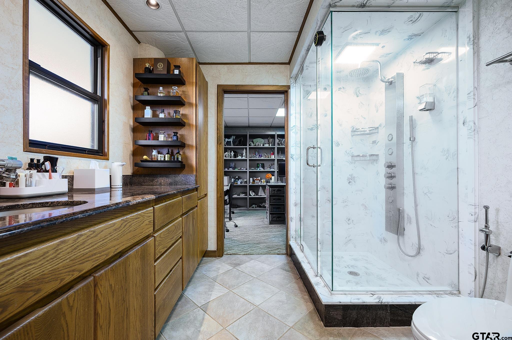 1085 County Road 1960 Yantis, TX 75497 - Photo 28 of 41 a bathroom with a granite countertop sink a toilet and shower