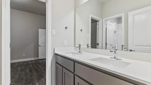 a bathroom with a sink and a mirror