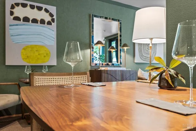 a view of a dining room with furniture