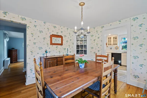 a view of a dining room with furniture and wooden floor
