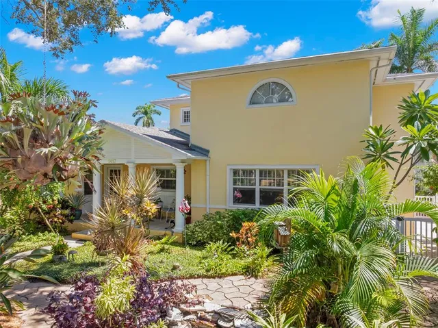 a view of a park with large trees