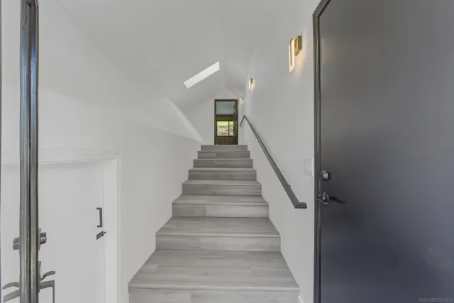 a view of a yard with plants and trees