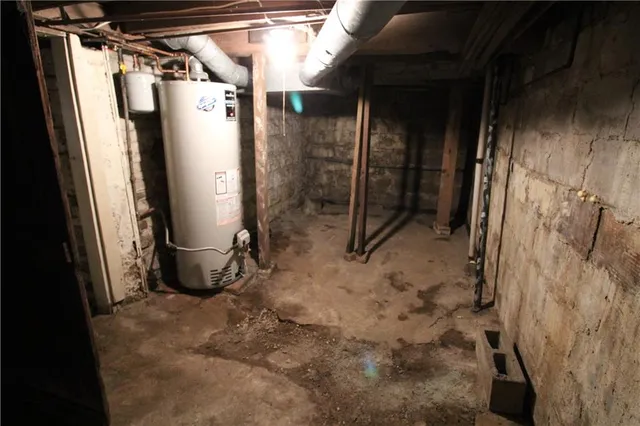 a view of a barn with a yard and large trees