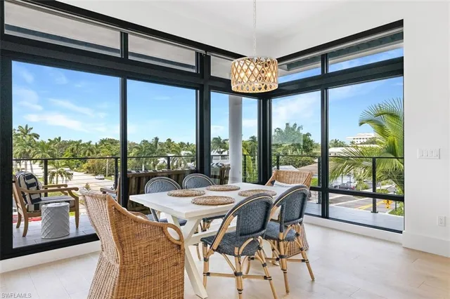 a view of a dining room with furniture window and outside view