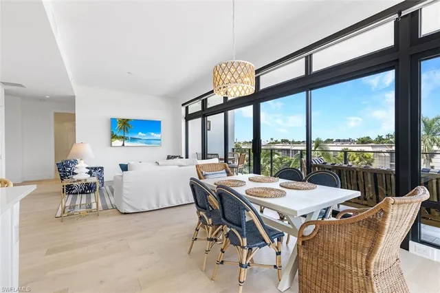 a view of a dining room with furniture window and outside view