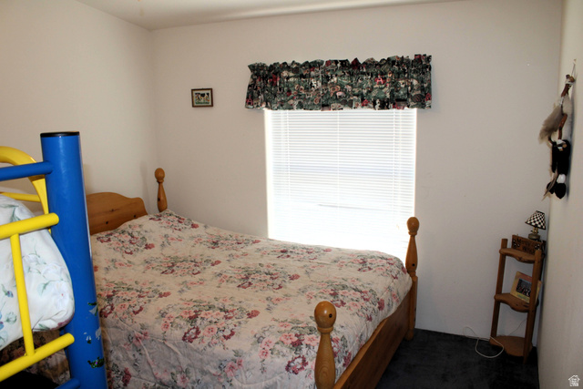 22580 Spring Creek Drive, Unit B61 Fairview, UT 84629 - Photo 28 of 39 Bedroom featuring a window with horizontal blinds and a decorative valance, light-colored walls, dark carpeting, and a wooden bed frame