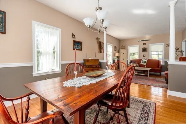 a view of a dining room with furniture window and wooden floor