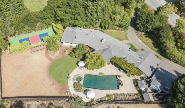 an aerial view of a house with a yard and large trees