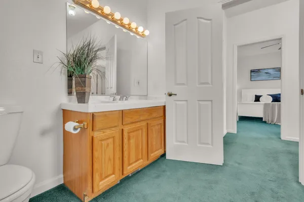 a bathroom with a sink a mirror and a toilet