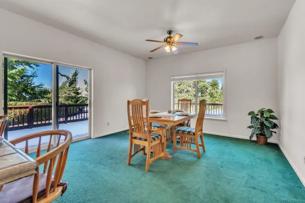 a dining room with furniture potted plants and wooden floor