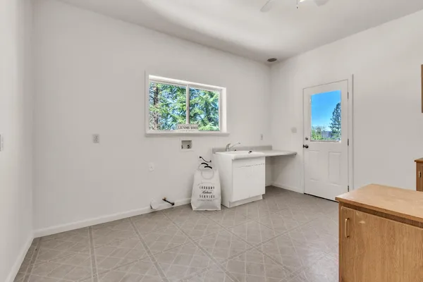 a view of a room with cabinets