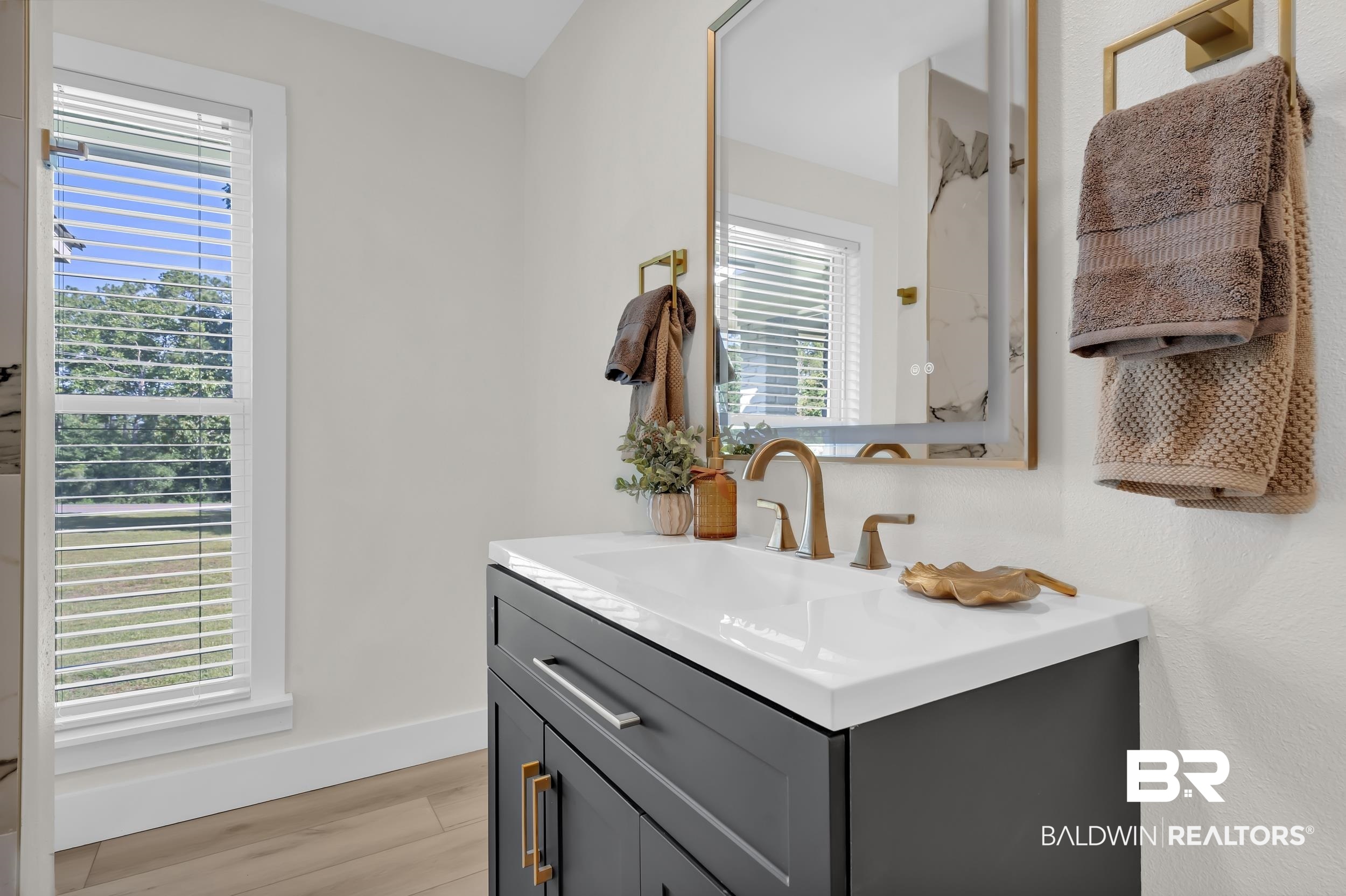 8170 Wilmer Georgetown Road Wilmer, AL 36587 - Photo 21 of 31 Bathroom vanity featuring a white countertop, undermount sink, and brass-finish fixtures