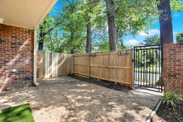a view of a backyard with large trees and wooden fence
