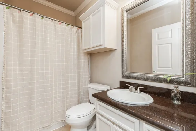 a bathroom with a granite countertop sink toilet and a mirror