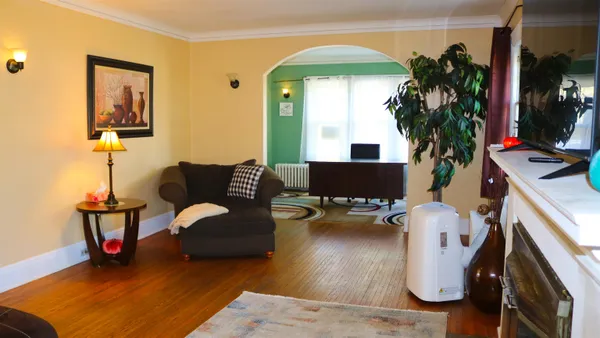 a living room with furniture and a potted plant