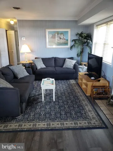 a living room with furniture and a rug