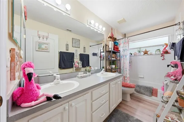 a bathroom with a sink vanity and a mirror