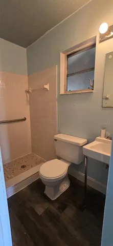 a bathroom with a toilet a sink and mirror