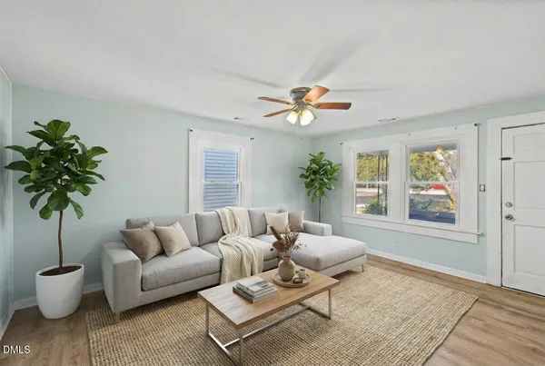 a living room with furniture and a potted plant