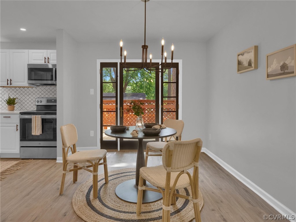 731 Adkins Road Chesterfield, VA 23236 - Photo 16 of 37 a dining room with furniture a chandelier and wooden floor