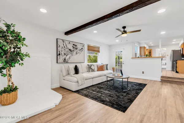 a living room with furniture and a potted plant