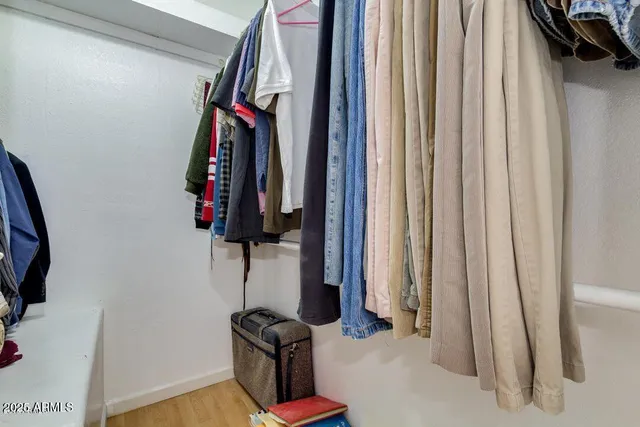 a view of walk in closet with clothes and shoes