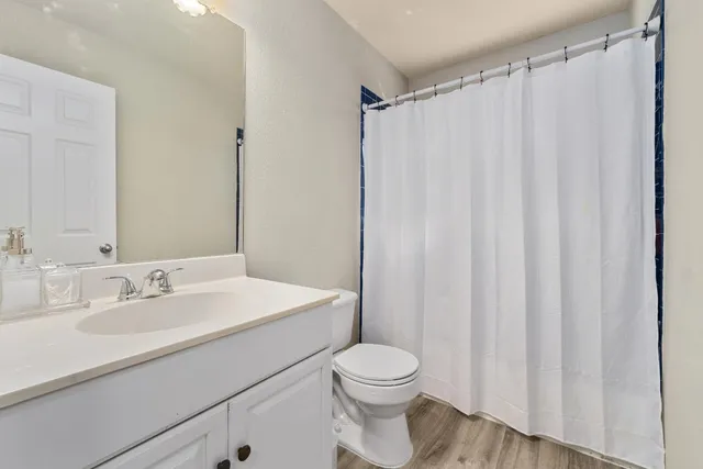 a bathroom with a sink a toilet and shower curtain