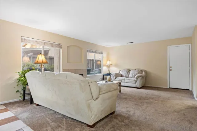 a living room with furniture and a potted plant