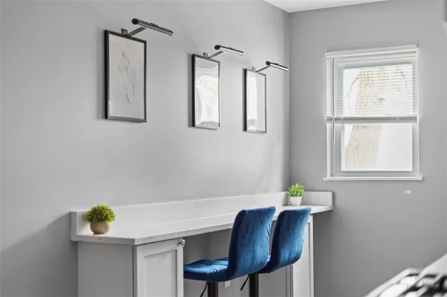 a view of a dining room with furniture