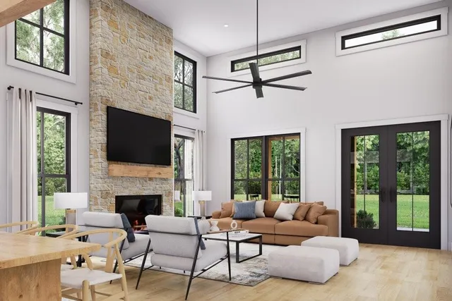 a living room with furniture fireplace and a flat screen tv