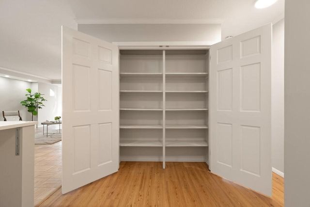 a room with walk in closet and wooden floor