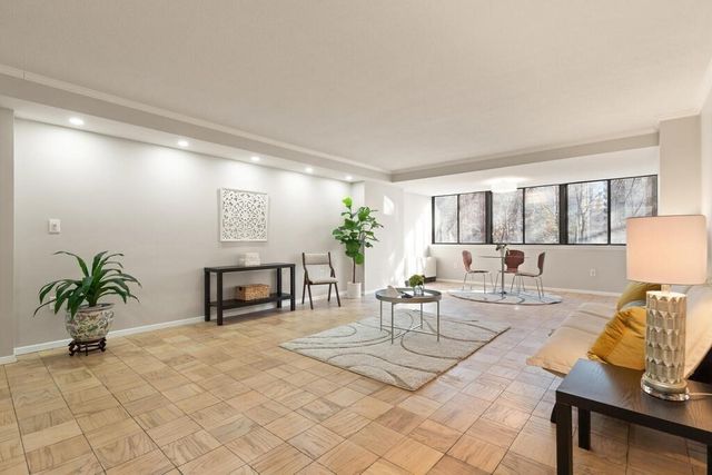 a living room with furniture a rug and a potted plant