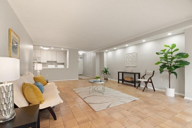 a living room with furniture a potted plant and a table