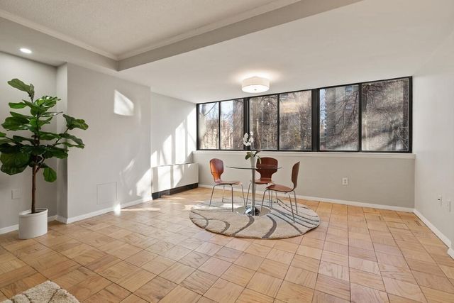 a view of a dining room with furniture a potted plant and wooden floor