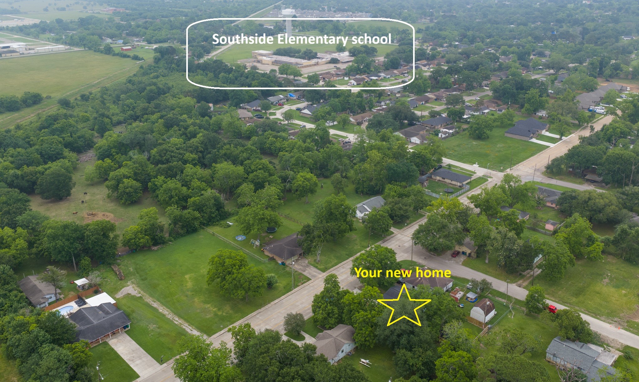 846 South Anderson Street Angleton, TX 77515 - Photo 28 of 30 This aerial photo showcases a serene neighborhood with lush greenery and a spacious layout. Your new home is highlighted, situated near Southside Elementary School, providing a family-friendly environment. The area features ample green spaces and a peaceful atmosphere.