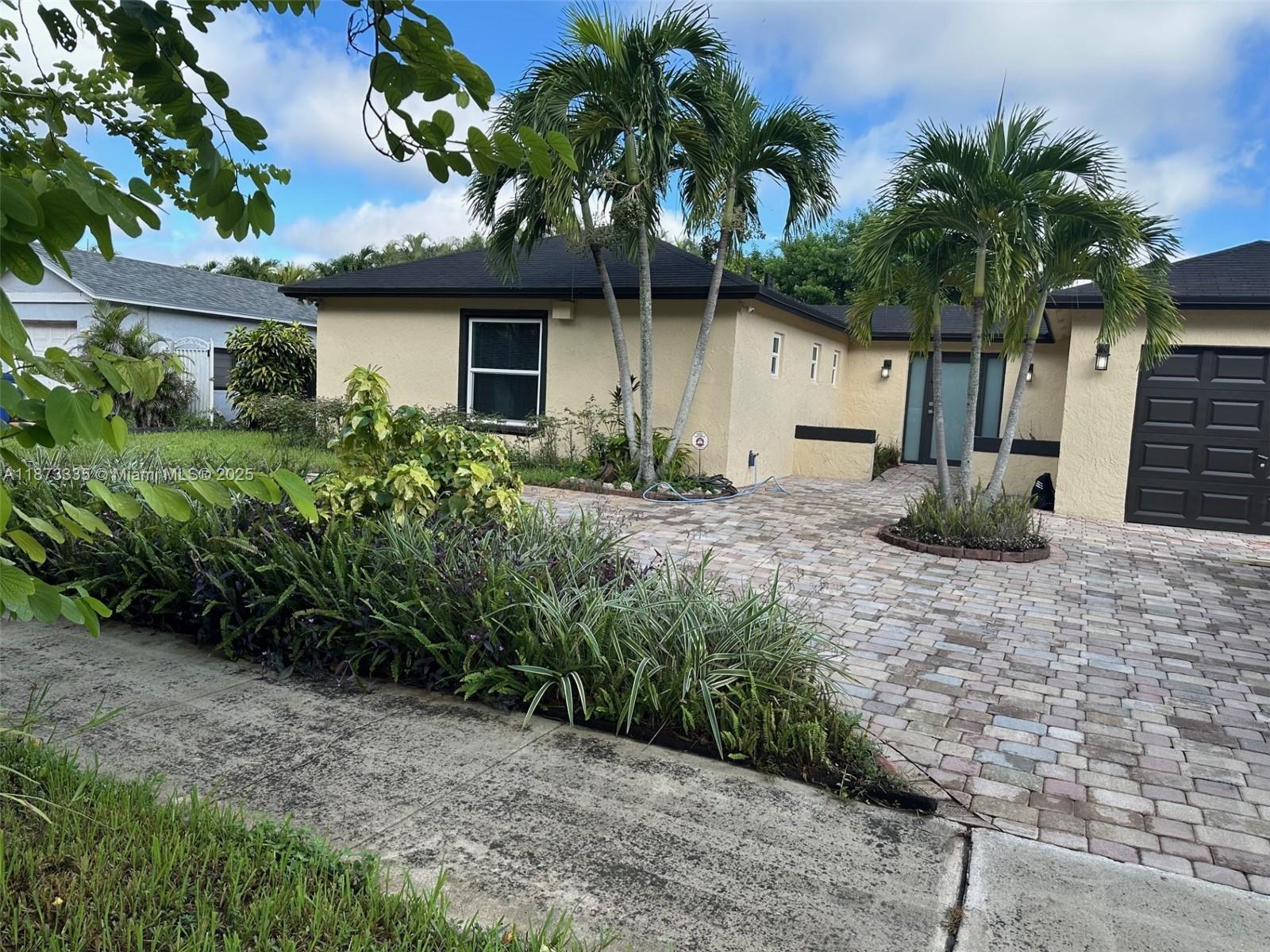 a backyard of a house with potted plants and palm tree