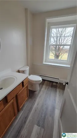 a bathroom with a sink mirror vanity and toilet