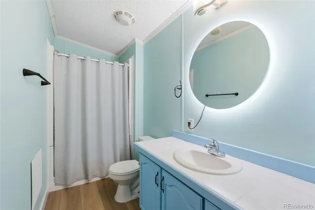 a bathroom with a granite countertop sink toilet and a mirror