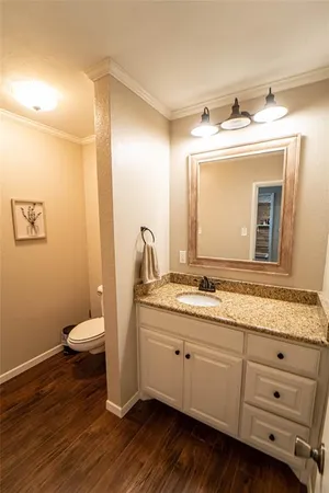 a bathroom with a double vanity sink mirror and toilet