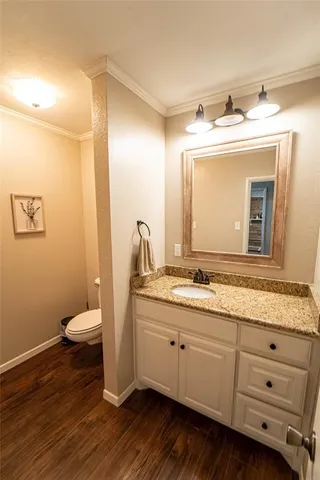 a bathroom with a double vanity sink mirror and toilet
