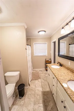 a bathroom with a granite countertop sink toilet and granite